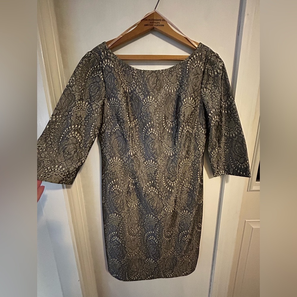 Eliza J black & gold metallic dress soft V in the back. Fabulous wedding guest